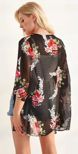 Vista 4 de Cárdigan tipo kimono de manga abombada con estampado floral para mujer, blusa informal