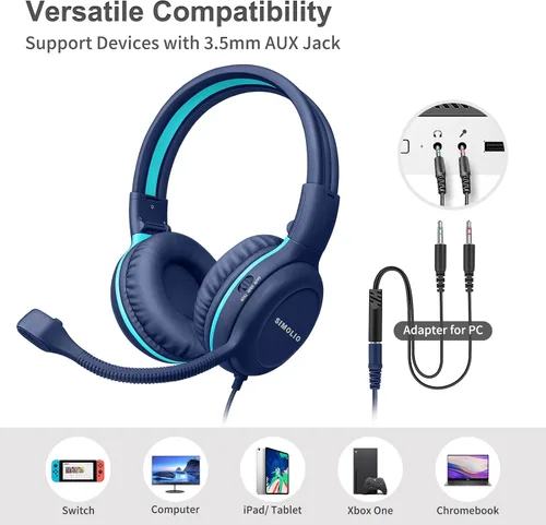 Vista 6 de SIMOLIO - Auriculares con cable para la escuela con micrófono, auriculares estéreo para niños con micrófono giratorio flexible para estudiantes K12