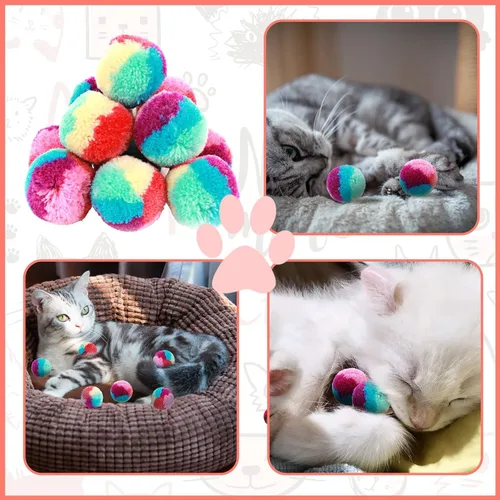 Vista 5 de TIESOME Kit de juguetes para gatos arcoíris - 20 bolas suaves con pompones para jugar y hacer ejercicio en interiores