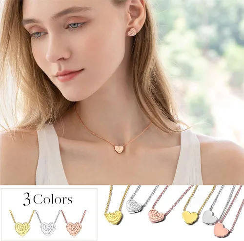 Vista 4 de LOUISA SECRET Rose Heart Pendant Necklace for Women Girls, 925 Sterling Silver Dainty Cute Rose Necklace, Birthday Anniversary Jewelry Gift for