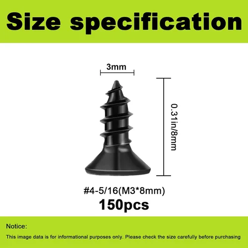Vista 2 de Tornillos pequeños de madera M3x8mm, tornillos negros para madera, tornillo pequeño de cabeza plana Phillips, tornillos cortos de madera