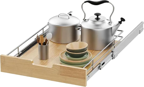 Vista 9 de Sikarou Organizador de gabinete extraíble, estante deslizante resistente, cesta de madera y alambre, cajón extraíble para cocina debajo