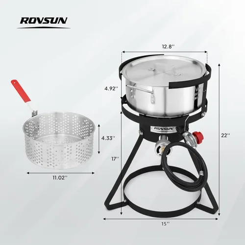 Vista 6 de ROVSUN olla para freidora de 10 cuartos con quemador de propano de 55,000 BTU, cesta colador de 6.7 cuartos, termómetro y tapa, olla de aluminio