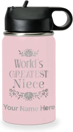 Vista 78 de LaserGram Botella de agua con tapa abatible de doble pared de 12 onzas con pajilla, sobrina más grande del mundo, grabado personalizado incluido