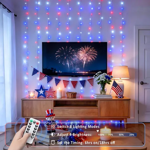 Vista 3 de JMEXSUSS 200 luces LED de cortina rojas, blancas y azules, 6.5 pies x 6.5 pies, 4 de julio, luces USB enchufables, 8 modos patrióticos de cortina