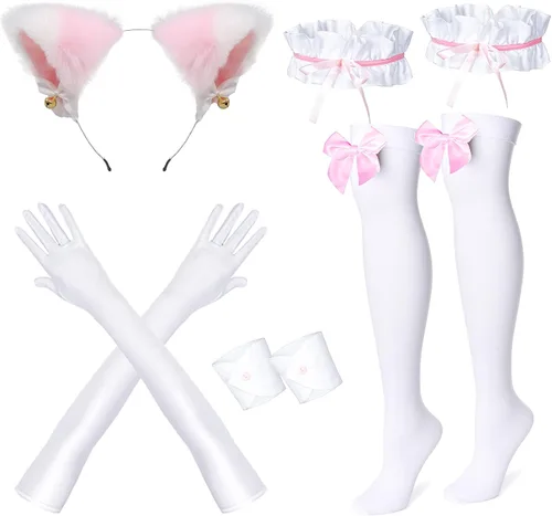 Vista 6 de Anime French Maid Lolita Fancy Queen Princess Dress Cosplay Disfraz Peludo Gato Oreja Guantes Calcetines Conjunto