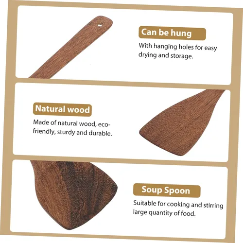 Vista 4 de Juego de utensilios de cocina de madera de 5 piezas para utensilios de cocina antiadherentes, cuchara de sopa de mango largo, práctica pala
