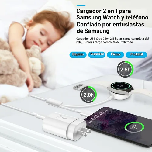 Vista 2 de Cargador USB C de 25 W, cargador de reloj 2 en 1 compatible con Samsung Galaxy Watch 7/6/6 Classic/5 Pro/5/4/3/Active2/1 y Galaxy S24 Blanco