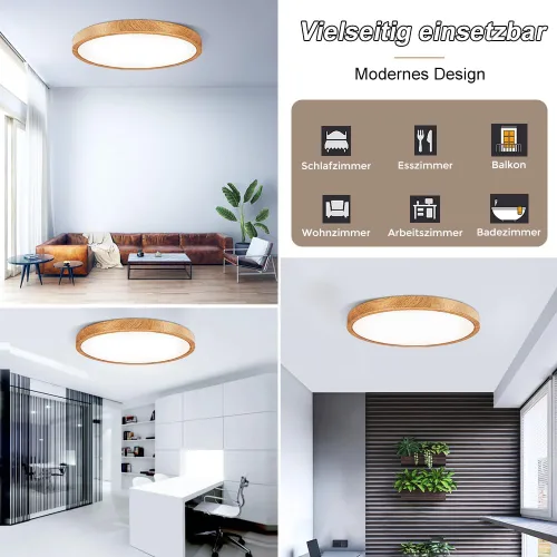 Vista 7 de LightingWill LED Ceiling Light Wood Look 24 W Diameter 30 cm, 2800 LM, 6000 K Cool White, Round Flat, Modern Ceiling Light for Living Room, Bedroom
