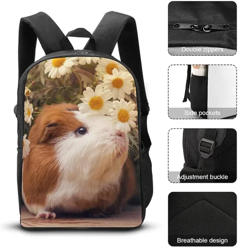 Vista 3 de Mochila para niños con estampado escolar y bolsa de viaje para estudiantes de primaria, adolescentes, niñas y niños, Flores de conejillos de indias