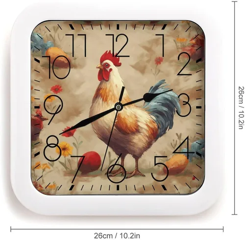 Vista 2 de 10" Square Modern Wall Clock,Art Chicken Animal Painting Print Kitchen Clocks Wall Battery Operated,Silent Non Ticking Unique Funny Cute Wall Clock