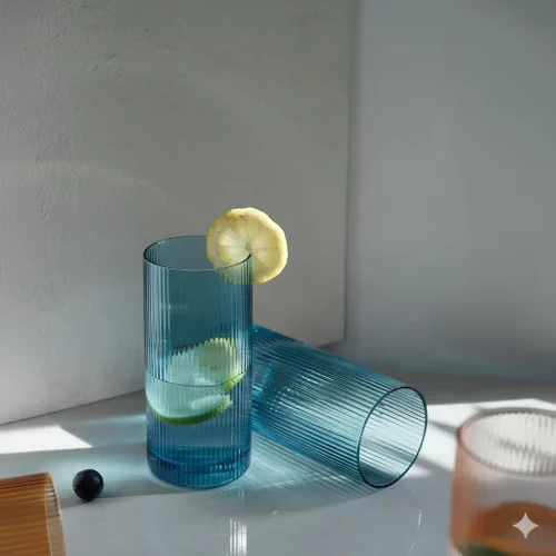 Vista 7 de Physkoa Juego de 6 vasos de bebida acanalados azules – Cristalería con relieve vintage, vasos gruesos y duraderos para agua, jugo, cócteles, café