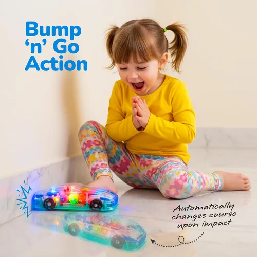 Vista 2 de ArtCreativity Juguete sensorial transparente con luz para niños, 1 unidad, auto de juguete con engranajes móviles coloridos, música y efectos LED