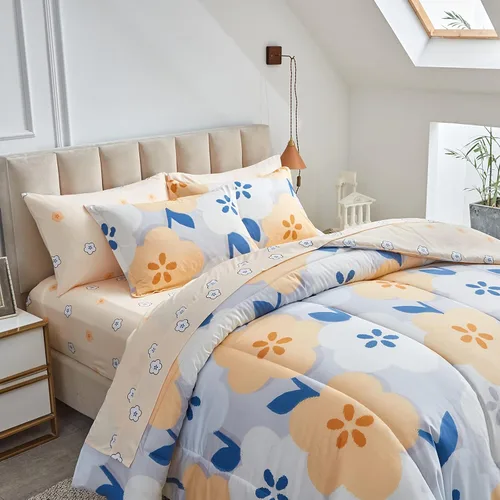 Vista 3 de UOZZI BEDDING Juego de edredón reversible de 6 piezas para niños de microfibra suave con flores grises y naranjas