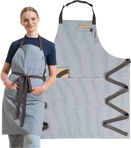 Vista 10 de MEEMA Delantal de chef con bolsillos, talla única, delantales ajustables reciclados para mujeres y hombres, para cocinar, hornear, asar a