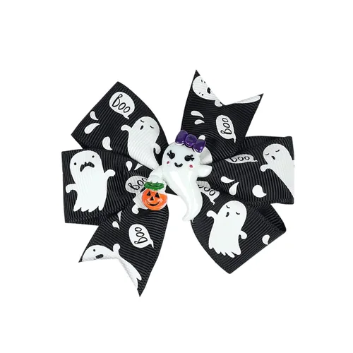Vista 2 de Pinzas para el cabello de Halloween con diseño de calabaza, fantasma, con lazo, horquillas para niñas y niños, accesorios para el cabello