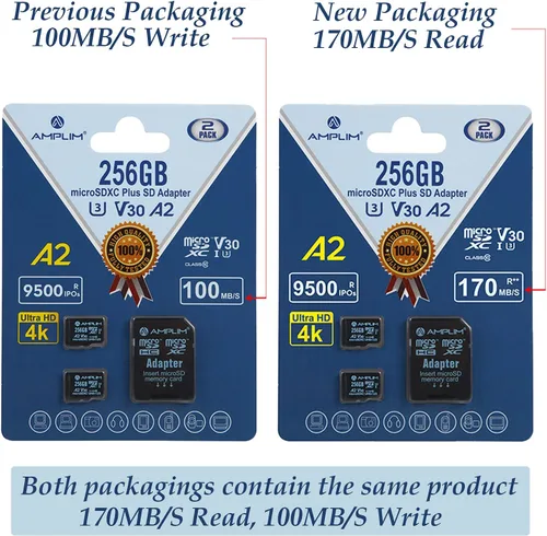 Vista 8 de Tarjeta Micro SD de 256 GB 2 tarjetas de memoria de 256 GB Plus adaptador, extremadamente alta velocidad 170MB/S A2 MicroSDXC U3 Clase 10 V30 2X