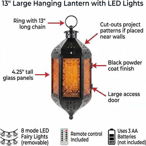 Vista 6 de Vela Lanterns Farol marroquí colgante con luces LED parpadeantes, decoración exótica decorativa de patio y porche, portavelas para interiores y Ámbar