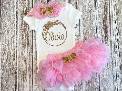 Vista 9 de Personalized Baby Girl Outfit Circular Floral Wreath Design Gold Glitter Optional Accessories