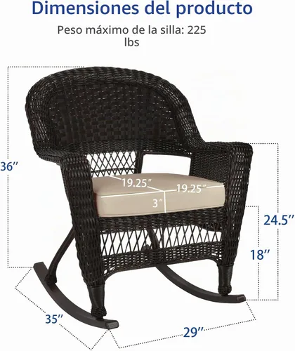 Vista 3 de Jeco Silla Rocker de mimbre con cojín bronceado, juego de 2, color espresso