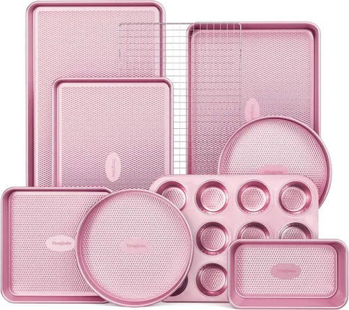 Vista 11 de HONGBAKE Juego de 9 moldes para hornear antiadherentes, apilables no tóxicos con textura de diamante, juego de bandejas para horno para cocinar