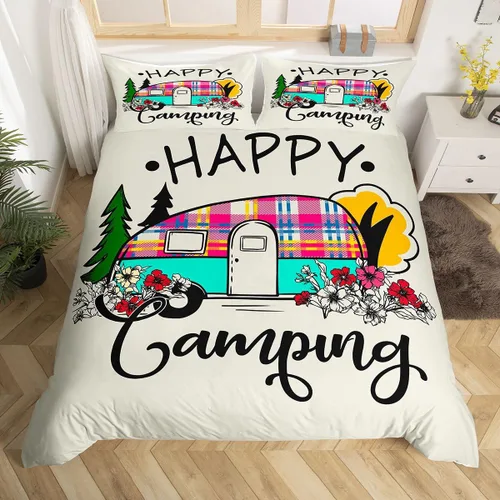 Vista 8 de Erosebridal Juego de funda de edredón de cabaña de cabaña, ropa de cama individual para niños, funda de edredón de campamento feliz, ropa de cama