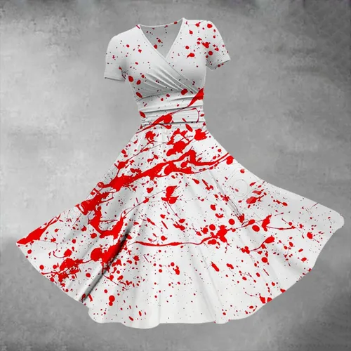 Vista 3 de CRNTCEM Vestido de Halloween acampanado para mujer, para carnaval, talla grande, estampado de salpicaduras de sangre roja aterradora, cuello en V