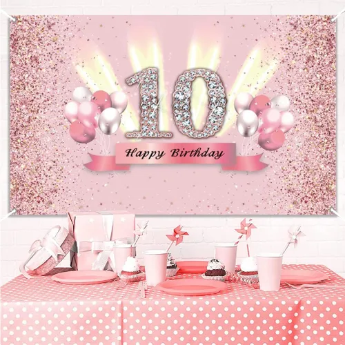 Vista 4 de Decoraciones de cumpleaños número 10 para niñas, cartel de fondo de feliz cumpleaños número 10, cartel de tela para fiesta de 10 años de edad