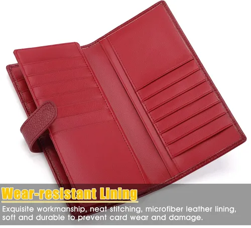 Vista 3 de Cartera de piel auténtica para mujer con bloqueo RFID, Rojo oscuro, Plegar y Negocios