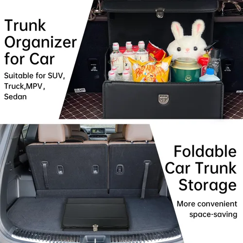 Vista 8 de Organizador de maletero Wuatow para coche, organizador de maletero para SUV y sedán, con tapa, multifuncional, caja de almacenamiento de carga Negro