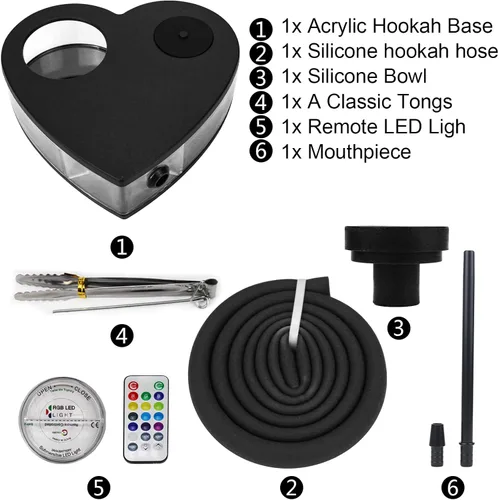 Vista 2 de Conjunto de cachimba de acrílico Modelo Heart Shisha Nargile Sheesha Narguile Chicha Cachimbas Kit (negro)