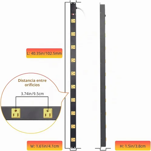 Vista 2 de Regleta larga de 10 tomas con protector contra sobretensiones, regleta de alimentación de metal industrial resistente de 6 pies, montable en pared