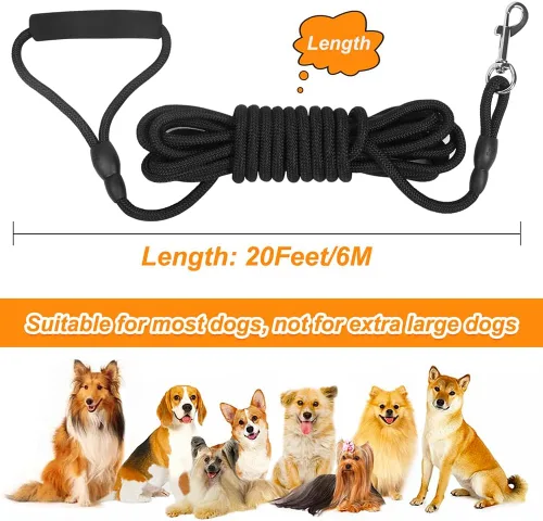 Vista 6 de Vivifying Correa larga flotante para perro, correa de entrenamiento para perros de 20 pies, cable de control con mango cómodo para exteriores, Negro