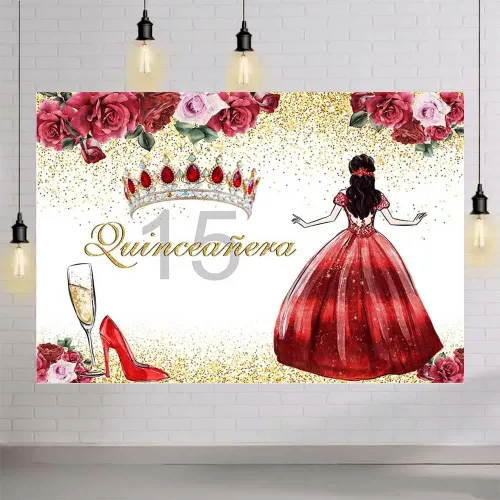 Vista 4 de AIBIIN Telón de fondo de quinceañera de cumpleaños número 15 para niñas, fondo de fotografía floral rojo, corona de princesa, tacones altos