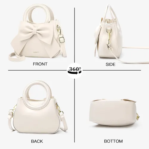 Vista 8 de Bolsos pequeños para mujeres tipo bandolera, bolso cruzado de cuero vegano y carteras con asa superior de transporte y lindo nudo de lazo