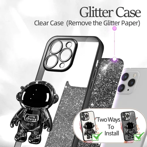 Vista 4 de Buleens Funda para iPhone 11 Pro Max Astronauta, Fundas Transparentes para iPhone 11 ProMax con Papel con Purpurina y Soporte de Astronauta, Mujeres