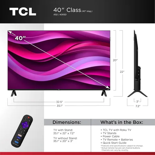 Vista 2 de TCL Smart TV Class R3D Series QLED Roku de 40 pulgadas Diseño sin bisel FullView, Google Cast y AirPlay 2 Televisión para dormitorio, dormitorio