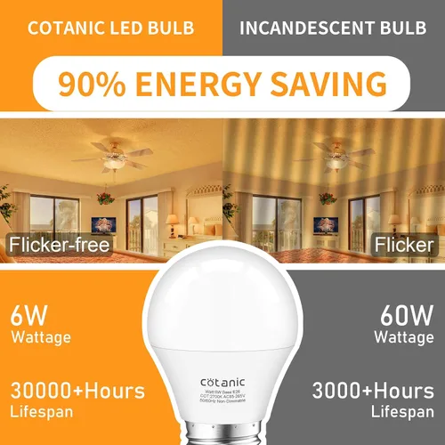 Vista 6 de Cotanic Bombillas para ventilador de techo de 2700 K, blanco cálido, bombilla LED A15 E26 base de tornillo mediano, bombilla pequeña de 6 W