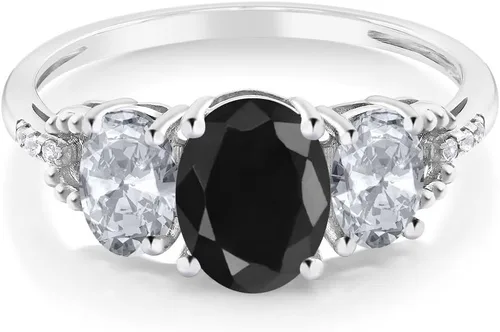 Vista 3 de Anillo de compromiso ovalado de oro blanco de 10 quilates con piedra natal y topacio blanco de 3 piedras con detalles de diamante Centro de 0.315