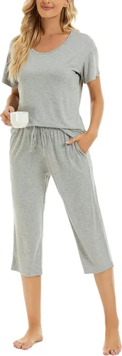 Vista 4 de LOCUBE Conjunto de pijama para mujer, suave y cómodo, conjunto de pijama de manga corta y pantalones capri