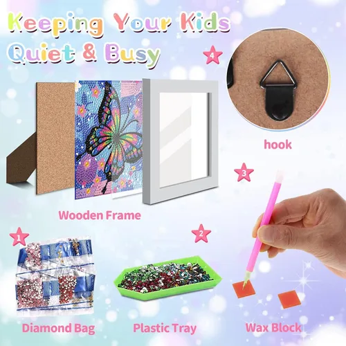 Vista 2 de xackcme Kits de pintura de diamantes de mariposa para niños con marco, arte de diamantes de mariposas para niños de 4 a 8 a 12 años, kit de pintura
