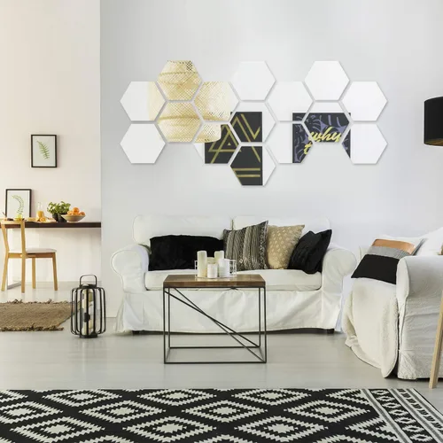 Vista 6 de 12 calcomanías de pared de espejo acrílico hexagonal 3D – Hoja de arte de plástico extraíble para baño, dormitorio, sala de estar, decoración