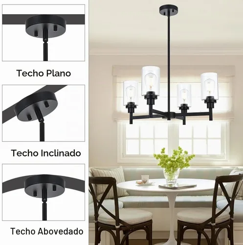 Vista 3 de Lámpara de araña de cristal de 4 luces estilo granja, negra, para cocina, iluminación colgante con cilindro de cristal transparente para comedor