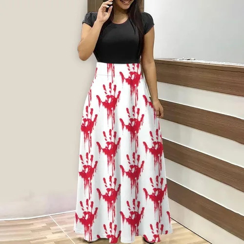 Vista 2 de Vestido largo con estampado de Halloween para mujer, manga corta, talla grande, holgado, para fiesta en la playa, cuello redondo, casual, vestido