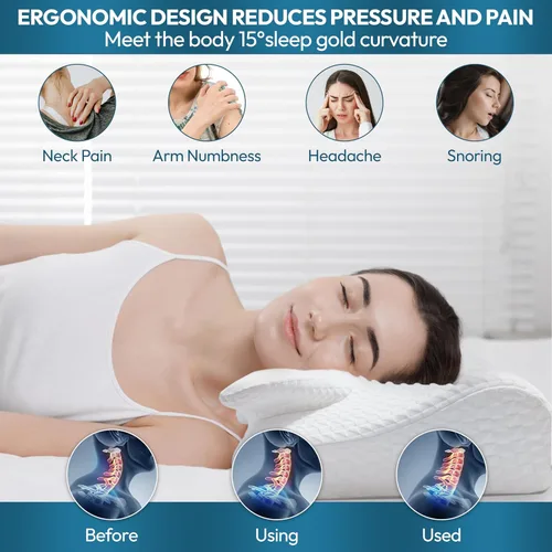 Vista 3 de Almohada cervical cervical para dormir – Almohada cervical de espuma viscoelástica para aliviar el dolor de cuello – Almohada ergonómica para dormir