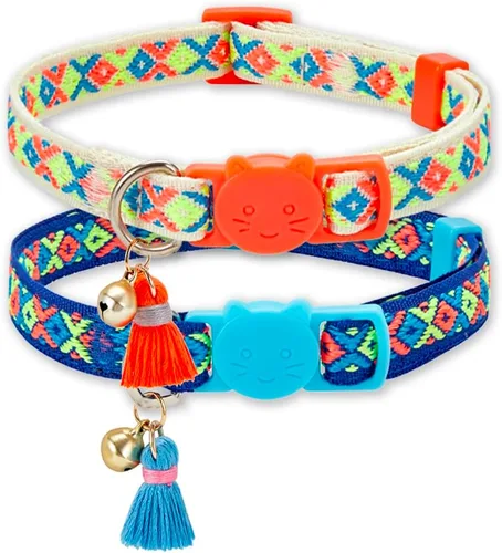Vista 7 de Paquete de 2 collares de gato con bonito patrón colorido para gato, niño y niña, longitud ajustable con borla de campana, patrón tribal bohemio