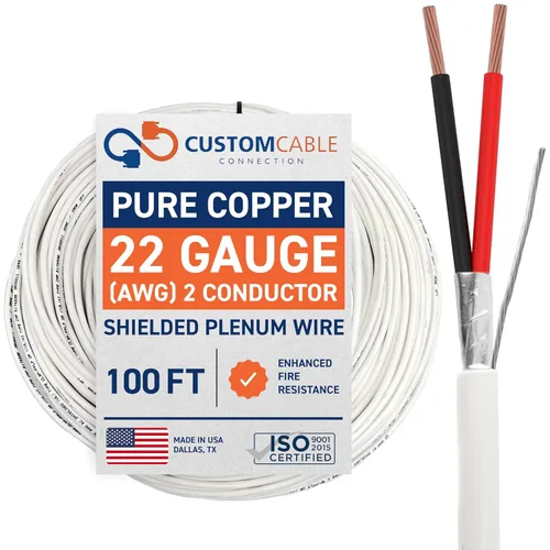 Vista 38 de Cable CMP Plenum blindado trenzado de conexión de cable, cable de bajo voltaje CL3P listado por UL, 22 AWG 2 conductores, carrete de 500 pies, blanco