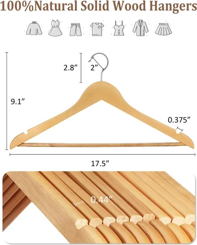 Vista 2 de AMKUFO Perchas de madera para trajes, paquete de 20 perchas de madera antideslizantes con muescas lisas de corte de finlandés, gancho giratorio
