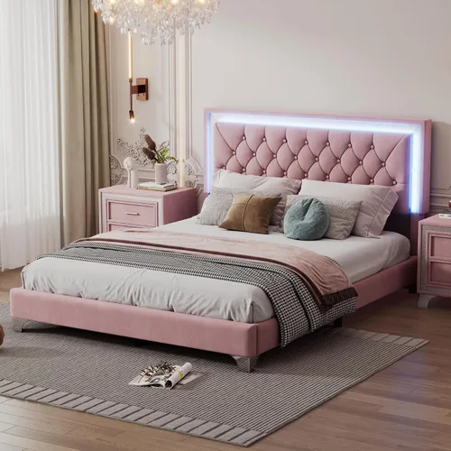 Vista 12 de Cama de plataforma flotante, marco de cama de madera tamaño individual con rayas claras, tela de lino suave y cabecera de diseño capitoné