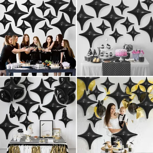 Vista 7 de Globos de Estrella Negra, 12 Piezas Globos de Papel de Aluminio de Estrella de Cuatro Ángulos, 26 Pulgadas y 10 Pulgadas Globo de Película de Negro